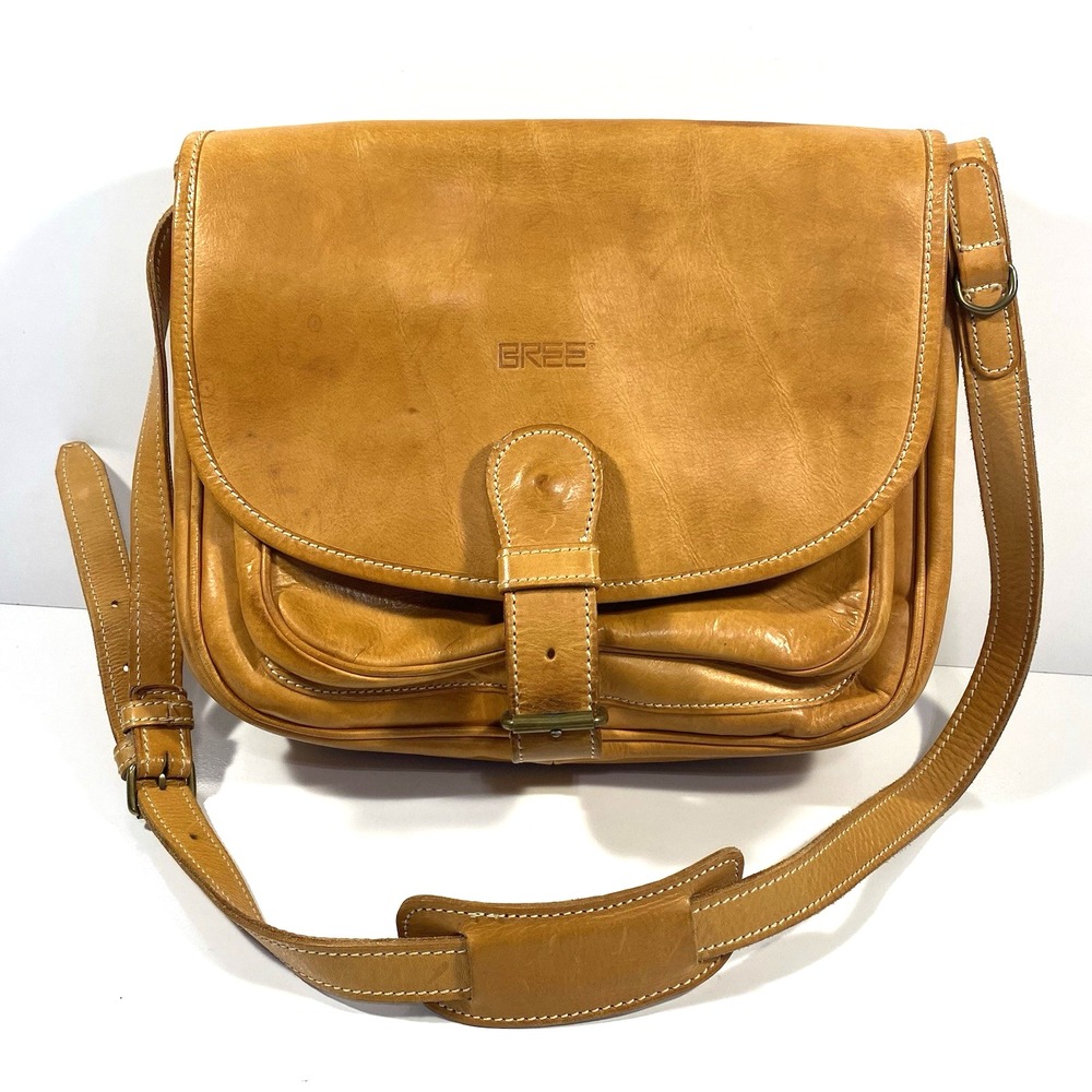 BREE Shoulder Purse Beige Brown Leather Logo Embossed Crossbody Saddle Bag VTG